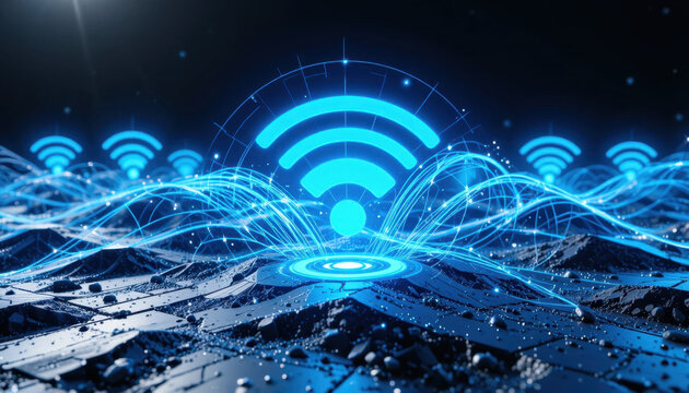 Glowing blue Wi Fi symbol emerges from digital landscape, representing connectivity and technology. futuristic scene is filled with abstract waves and network grid, symbolizing data flow