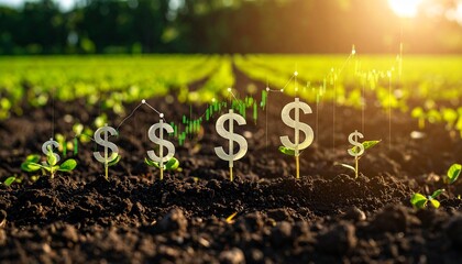 Concept of agricultural business growth with dollar signs sprouting from fertile soil and a rising stock market chart