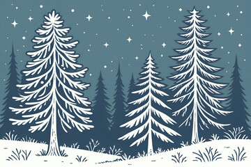 Fototapeta premium Whimsical illustration of snow covered evergreen trees under a starry night sky in a winter forest