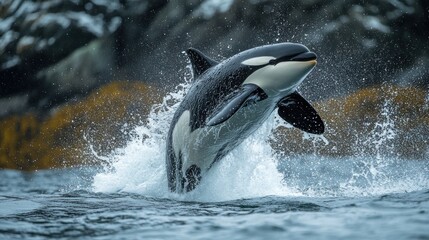 Obraz premium A Majestic Orca Breaches, Frozen in a Shower of Glistening Water Droplets
