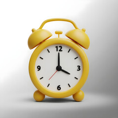 A yellow alarm clock with a white face and black hands showing the time is four oclock exactly