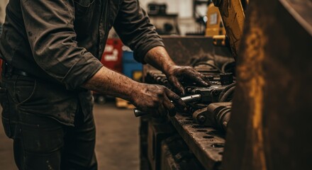 Worker in dirty clothes working on machinery in a workshop environment.