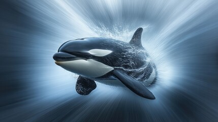 Dynamic Surge of a Majestic Orca Amidst a Radiant Aquatic Burst