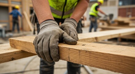 Hands in gloves holding wood plank at construction site with workers in background.
