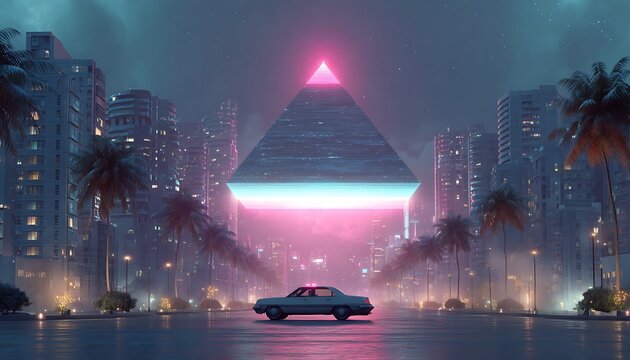Hovering pyramid above retro cityscape with magenta light and classic car shapes - Powered by Adobe