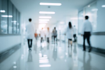Blurred view of medical professionals walking down a hospital corridor