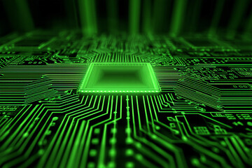 Close-up view of a glowing green microchip on a circuit board with intricate patterns and lines