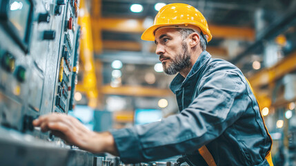 A focused, professional man in a hard hat and grey uniform is shown in a side profile, using a control panel in a modern factory setting. His hand is reaching for a button, indicating action