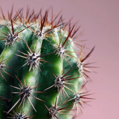 Close-up of spiky green cactus against pink backdrop; nature study, botanical illustration