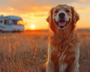 Golden Retriever sits in a field at sunset, a campervan in the background