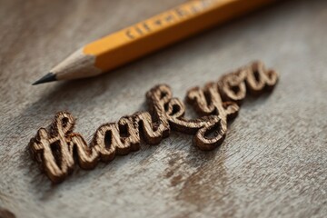 A pencil lies above a wooden thank you sign on a textured surface