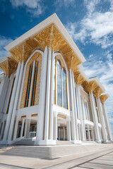 Fototapeta premium The modern architecture of the Istana Nurul Iman palace gleaming under bright sunlight, symbolizing royal grandeur and power.