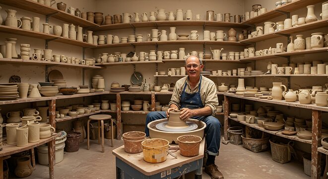 Potter working at a wheel surrounded by shelves of ceramic pots and bowls in a studio.