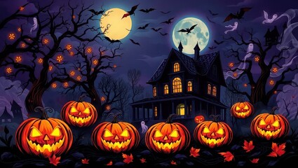 A spooky halloween night scene with pumpkins, haunted house, bats, ghosts and full moons in the sky