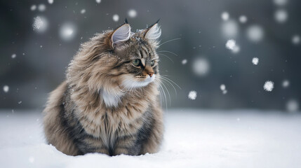 A furry cat sitting in the snow, with its thick coat fluffed up against the cold.