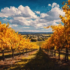 Naklejka premium Autumn vineyard scene in Napa Valley with clouds ideal for wine tourism ads