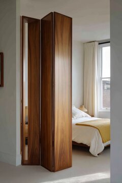 Minimalist bedroom design with wooden folding screen and cozy bed