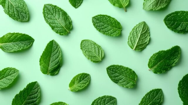 Close Up Of Fresh Green Mint Leaves Pattern on Light Green Background with Natural Lighting