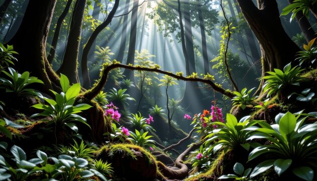 dense dark rainforest floor covered in moss ferns arch toward light orchids bloom hidden among tall trees vines twist in filtered light under a canopy blocking sunlight daily