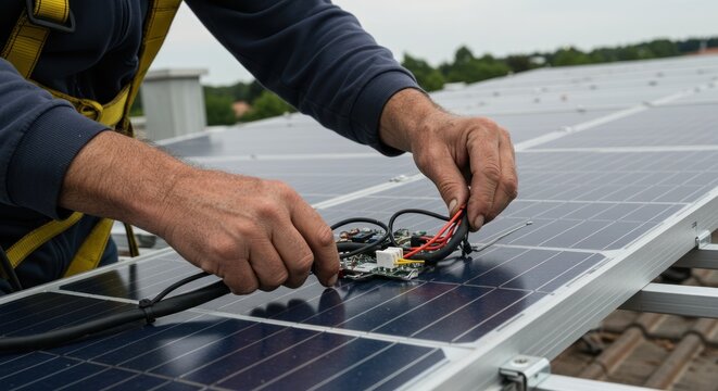 Person installing solar panels on a rooftop with safety harness visible.