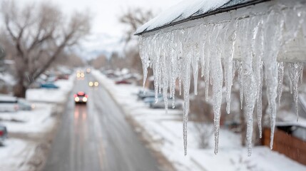 Cold weather brings icicles to eaves in a winter scene that includes snow and ice along a road with cars in the distance