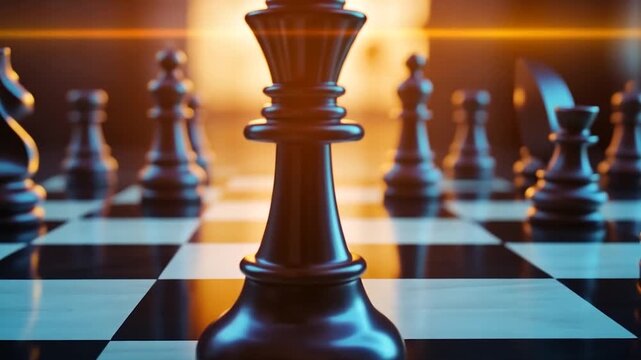 A close-up of a chess king piece on a board, illuminated by a warm background light.