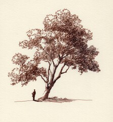 Fototapeta premium Hand-drawn illustration of a large tree with a silhouetted figure standing beneath it