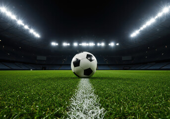 Obraz premium Soccer ball resting on the field in a stadium under bright lights at night. 
