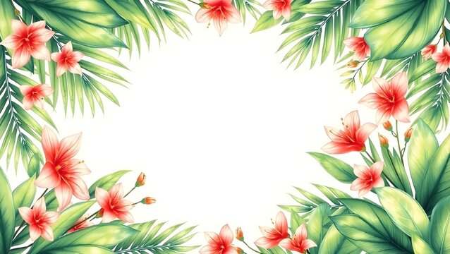 Botanical boho frame of palm leaves and tropical flowers