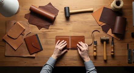 Craftsman working on leather goods with tools and materials on a wooden table