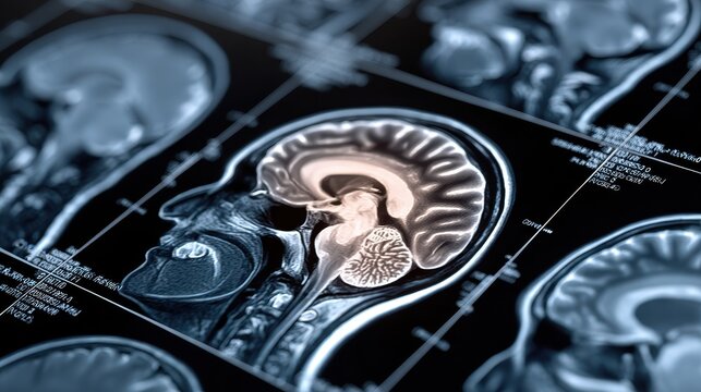 A detailed MRI scan shows a human brain in cross section, revealing intricate anatomical structures essential for neurological study and medical diagnostics