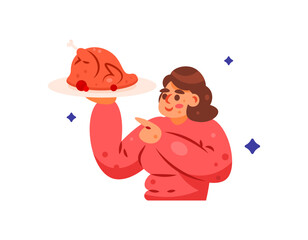 Illustration of a beautiful girl serving a dish of roast turkey. Holding a plate of roast chicken. Celebrating Thanksgiving, Friendsgiving. Celebrations and events. Flat style character design