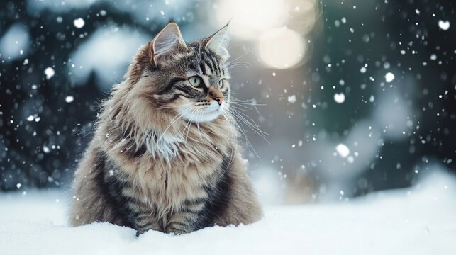 A furry cat sitting in the snow, with its thick coat fluffed up against the cold.