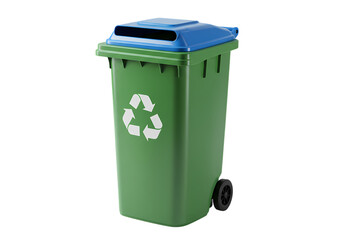 Green Recycling Bin with Blue Lid and Wheels isolated on transparent background
