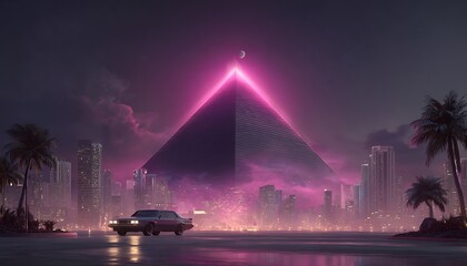 Hovering pyramid above retro cityscape with magenta light and classic car shapes