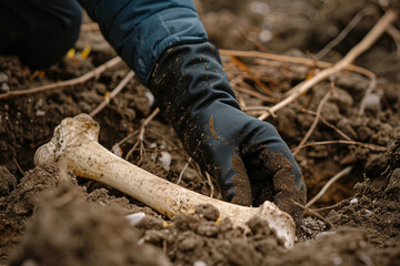 Archaeologist Carefully Excavating Fossilized Artifact Bones Skeletons in Field, Generative AI
