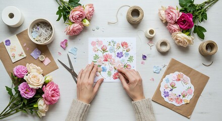 Person crafting floral cards with scissors, flowers, and decorative materials on a white table