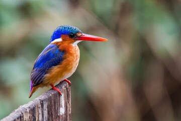 Obraz premium A vibrant kingfisher perches on wood featuring blue orange and red plumage in a natural setting