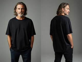 Front and Back View of Senior Male Model Wearing Black T-Shirt, Loose fit Oversized cut
