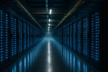 Fototapeta premium Long corridor of server racks with blue LED lights in modern data center