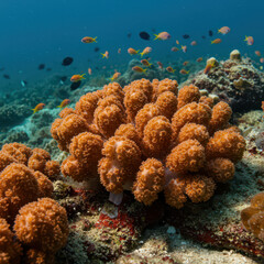 Naklejka premium Vibrant Coral Reef Scene with Anthias Fish Swimming Above, Underwater Beauty and Marine Life