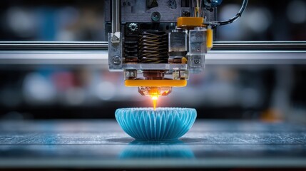 A 3D printer is creating a blue bowl, showcasing the precision and innovation of additive manufacturing and the possibilities of rapid prototyping in modern engineering