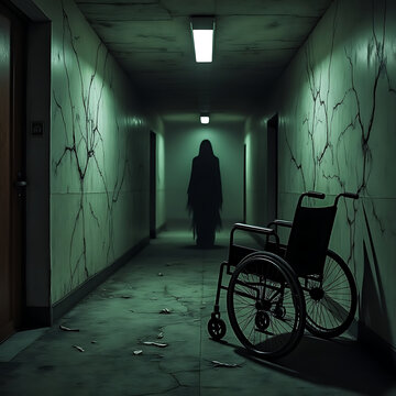 Eerie Hospital Corridor with Wheelchair and Shadowy Figure Creepy Medical Setting with Dim Lighting and Cracked Walls