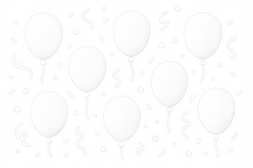 Floating white balloons spreading joy, scattered confetti adding whimsical party vibes against transparent backdrop