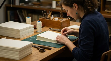 A person meticulously binding a book in a well-organized workshop