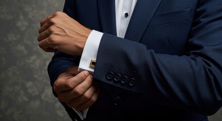 Man adjusting his cuff links wearing a suit jacket and white shirt.