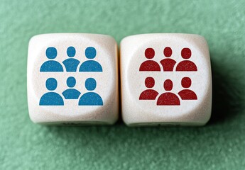 Two wooden dice, each displaying a group of people icons. One die shows a group of blue people icons, the other shows a group of red people icons