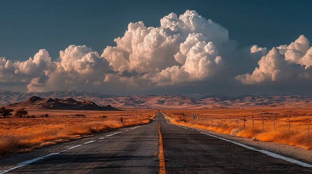 Endless desert highway leading to the horizon under dramatic clouds and cinematic golden light, with wide open sky and inspiring atmosphere for motivational concepts