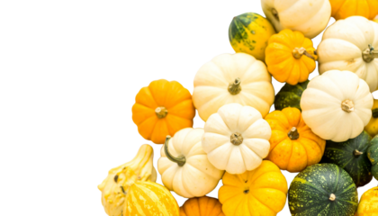 Mini pumpkins and gourds in assorted colors, isolated on transparent background.