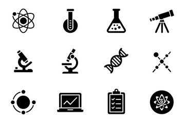 A collection of science related icons including atom, microscope, dna, and lab equipment icons created with generated ai
